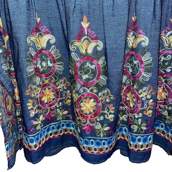 Anthropologie Uncle Frank Blue Denim Embroidered BOHO Split Neck Peasant Top SM - Picture 4 of 13